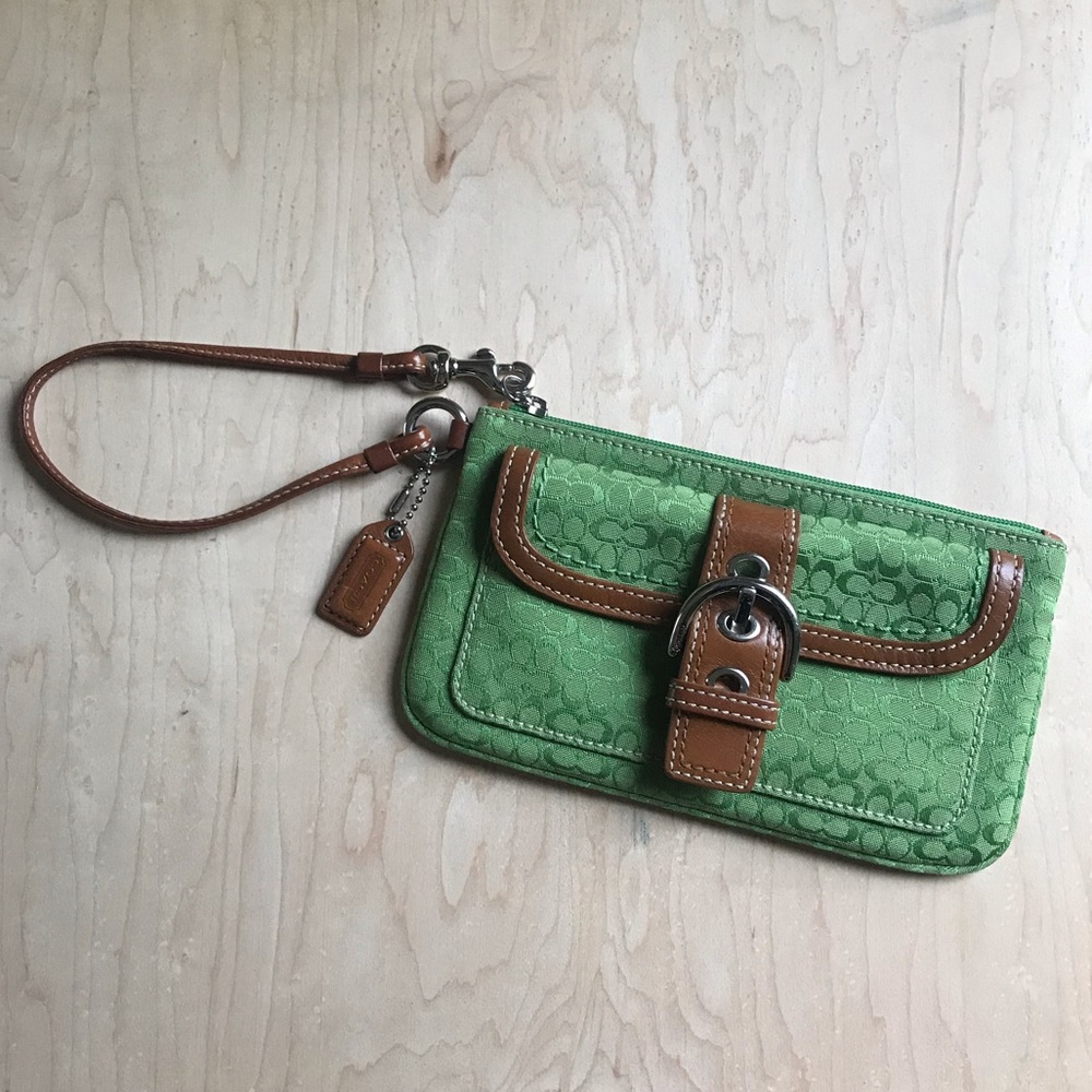 Genuine Green Coach wristlet with leather trim